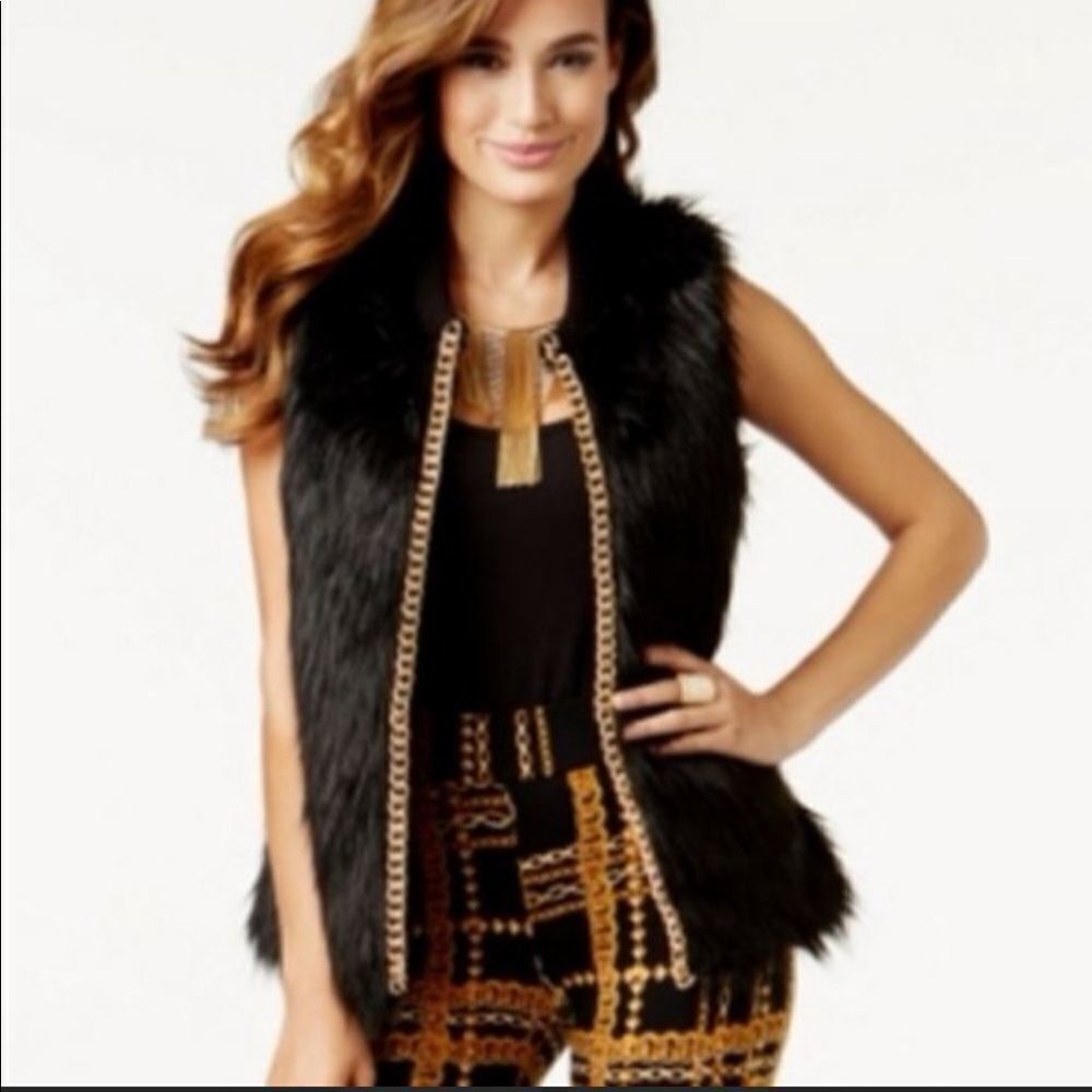 NWT Thalia Sodi Chain-Trim Faux-Fur Vest - Black